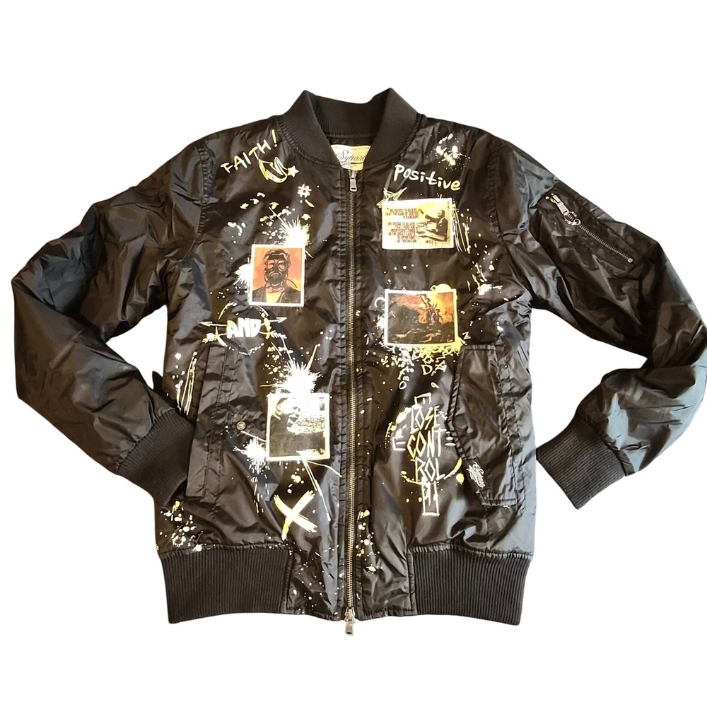 Square Zero Mens Black Graphic Revolution Bomber Jacket Small Streetwear Punk
